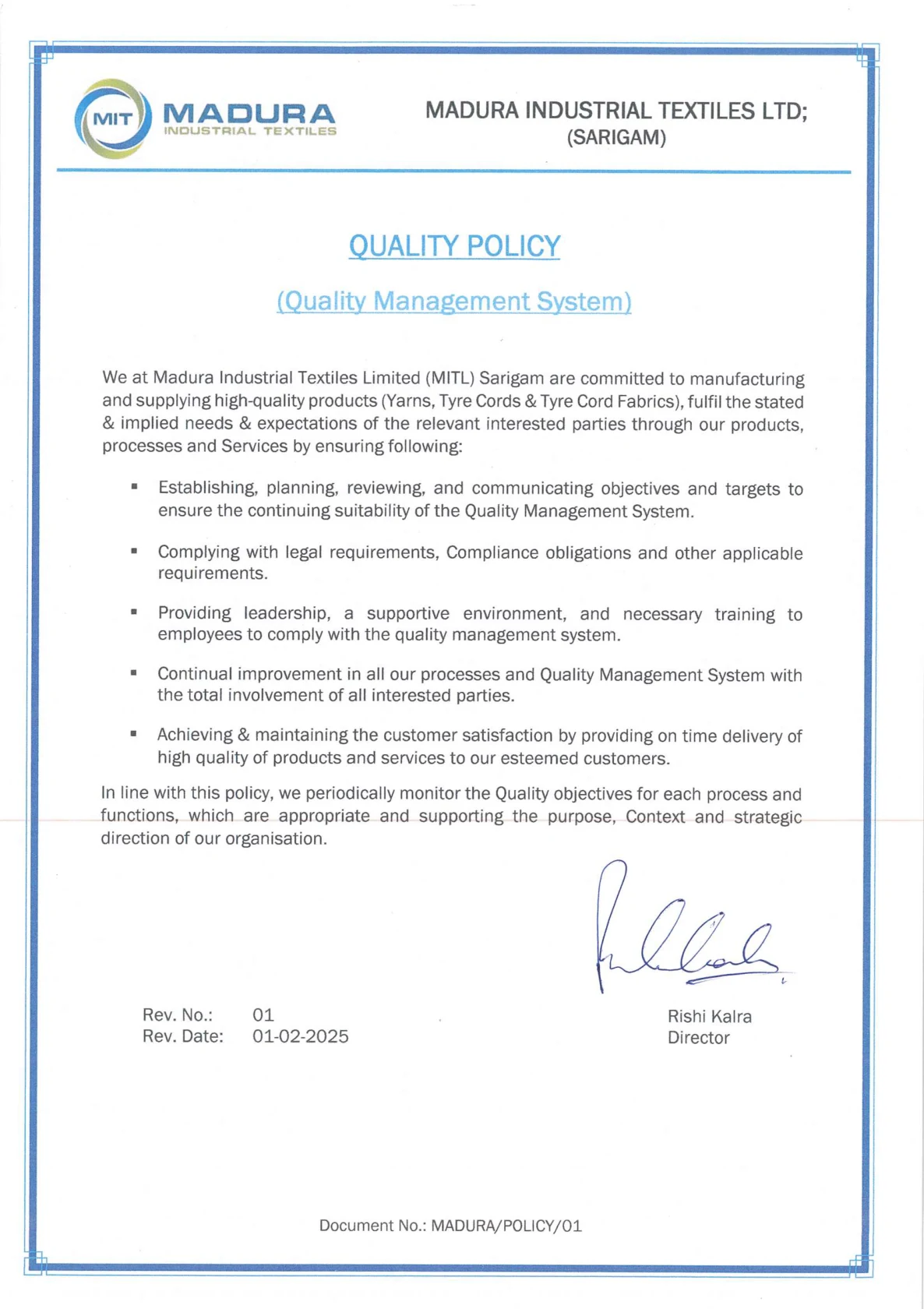 Quality and EHS Policy R-1 01-02-2025